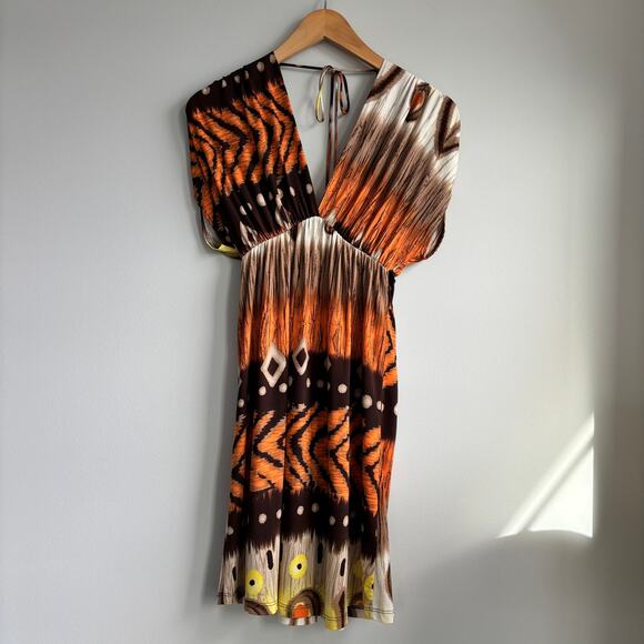 Y2K Trac USA Orange Multi Print V Neck Dress Ruched Stretchy Tie Back Size Small - Picture 2 of 6